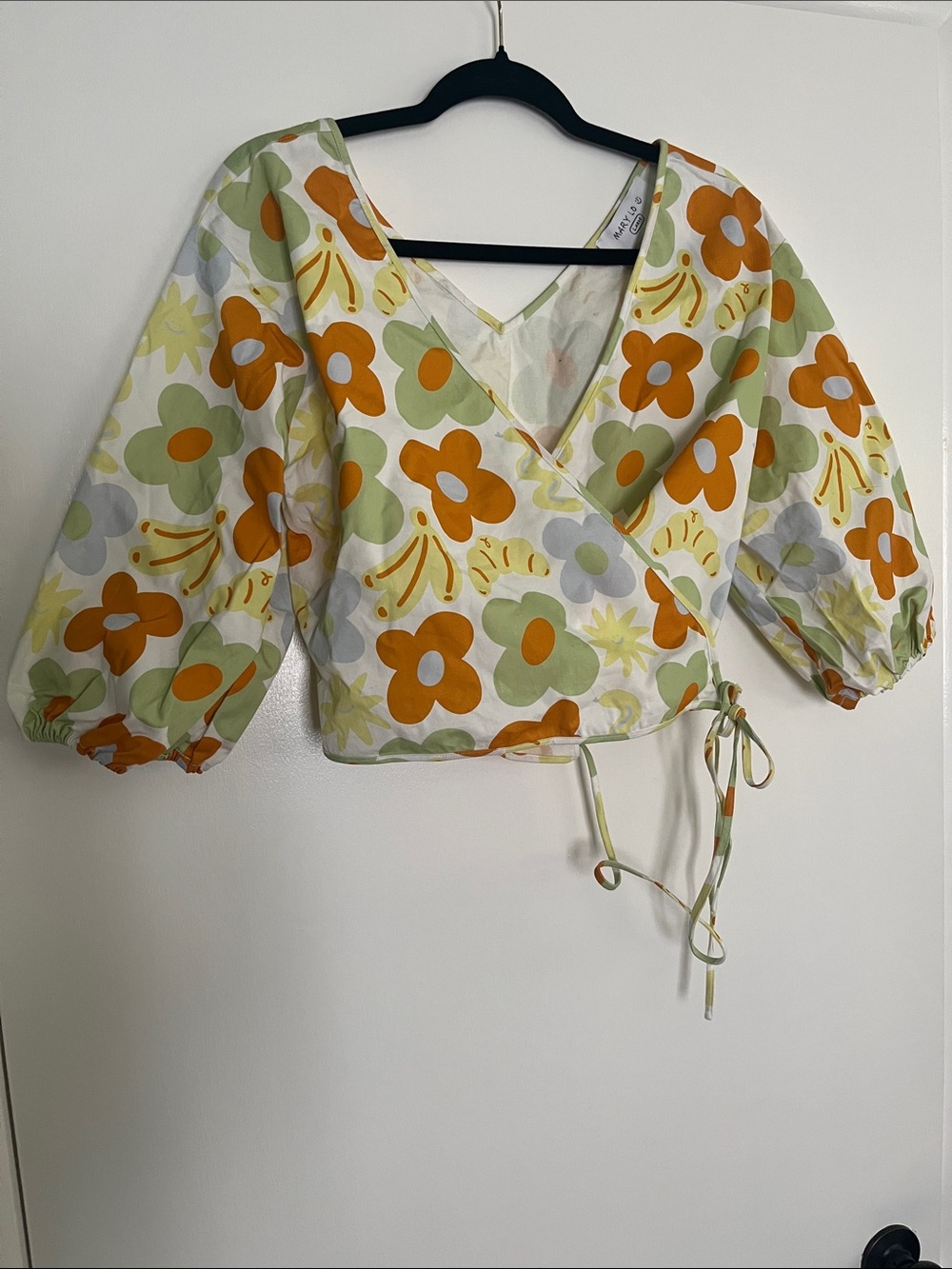 Floral Wrap Crop Top in White with Orange & Green - Picture 1 of 4